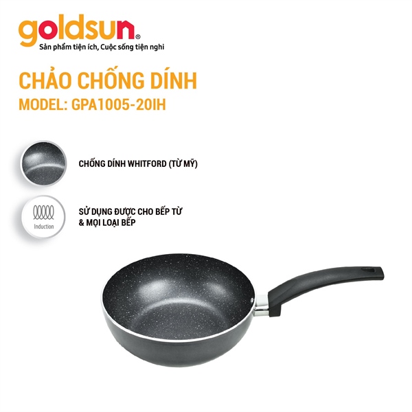 Chảo chống dính Goldsun phi 20, sâu 6cm, chống dính vân đá, nhôm đáy từ GPA1005-20IH