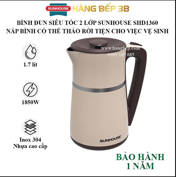 Ấm siêu tốc Inox 2 lớp 1.8L Sunhouse SHD1360