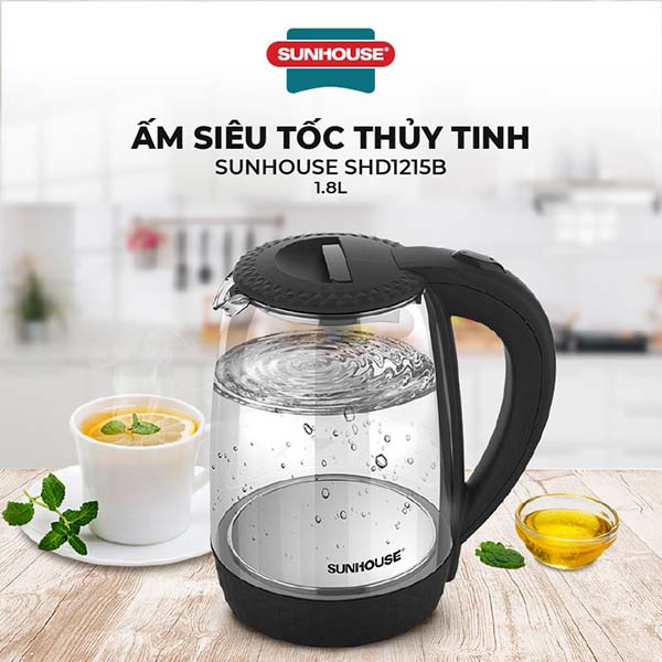 Ấm siêu tốc Sunhouse thủy tinh cao cấp 1,8 lít, SHD1215