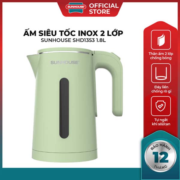 Ấm siêu tốc Sunhouse 1,8 lít Inox 2 lớp, 1500W, đáy Inox dập liền không rò rỉ nước, bảo hành 12 tháng SHD1353