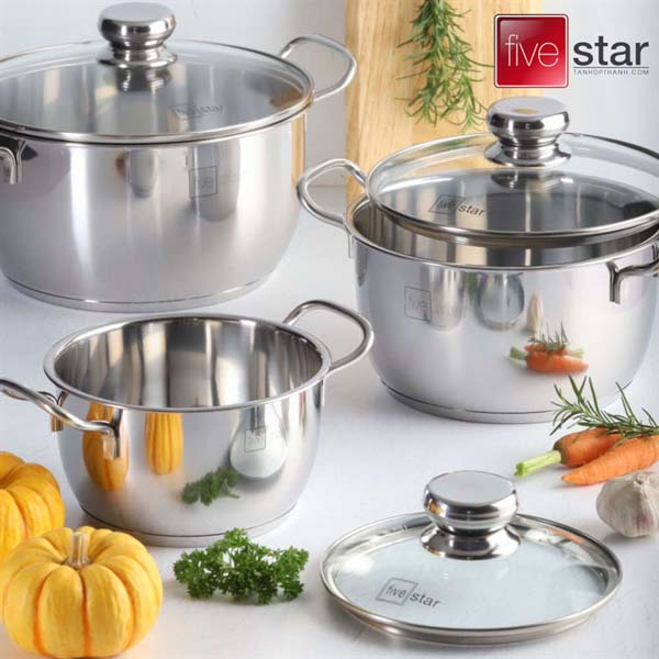 Bộ 3 nồi 3 đáy FIVE STAR inox 430, quai đũa nắp kính 3028