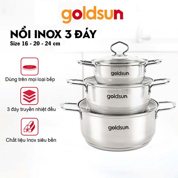 Bộ nồi 3 đáy Inox Goldsun bếp từ, hàng chính hãng GPS1700