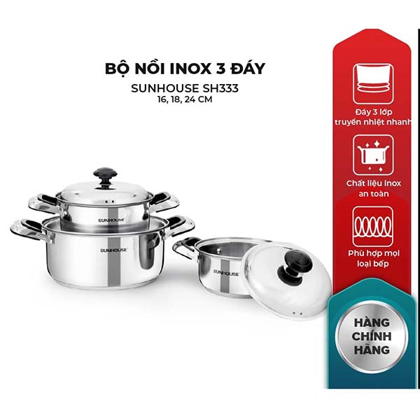 	Bộ nồi Inox 3 đáy, Sunhouse, đun trê mọi loại bếp SH333