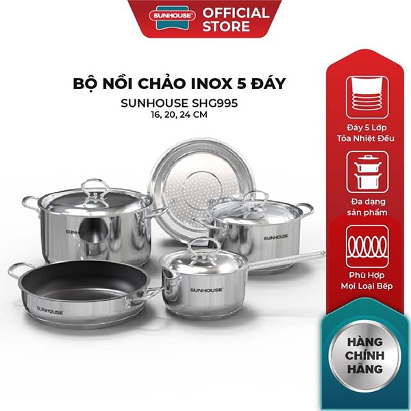 	Bộ nồi Sunhouse 5 món đáy từ, Inox 304 SHG995