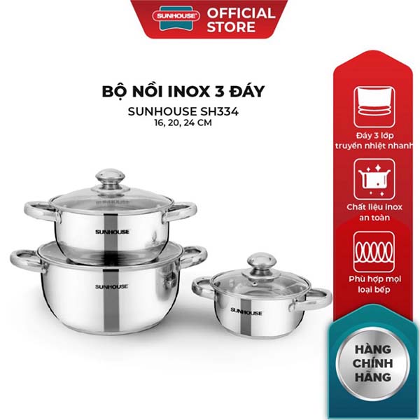 Bộ nồi inox 3 đáy bếp từ Sunhouse, Size 16cm 20cm 24cm, SH335